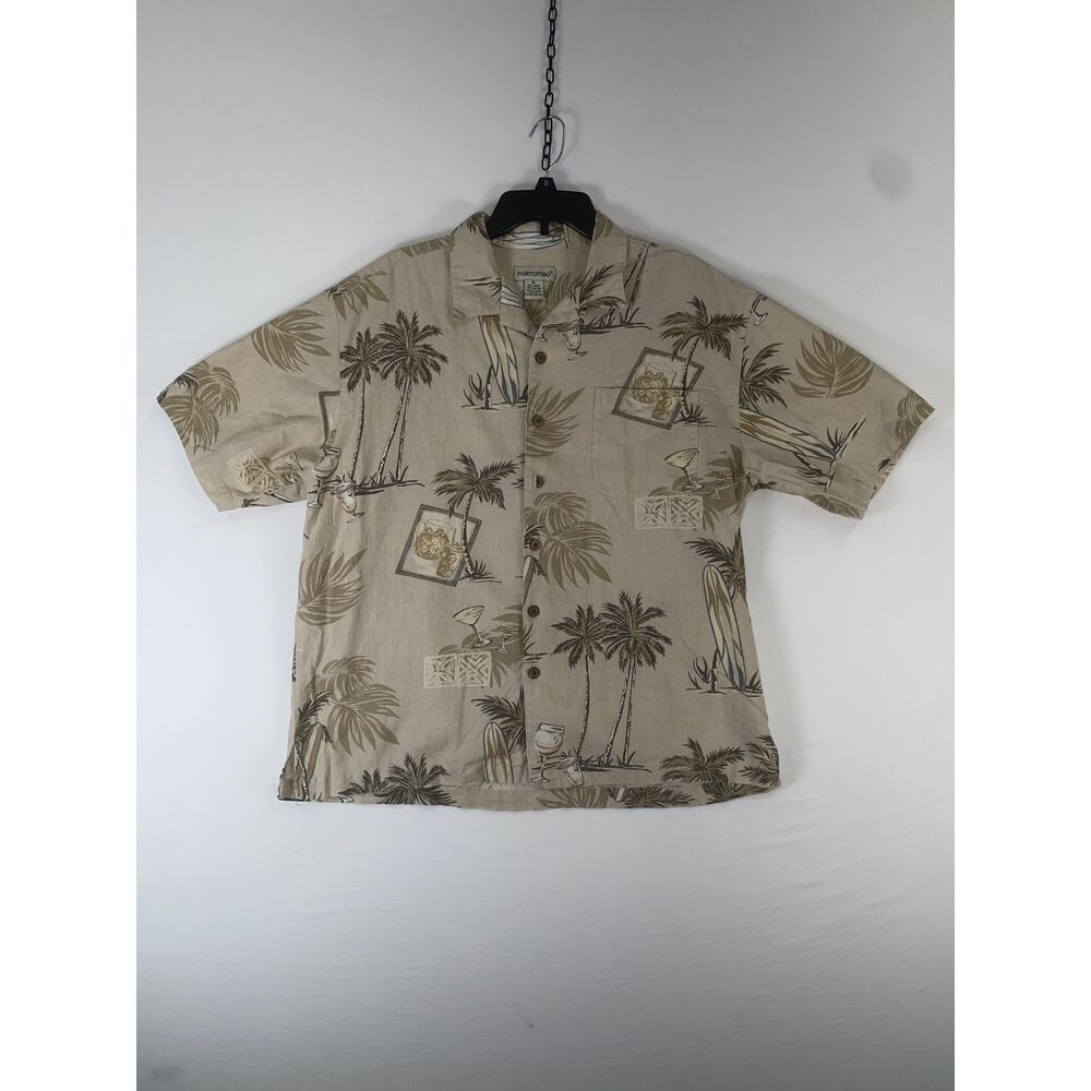 Portofino Shirt Mens XL Beige Palm Tree Hawaiian Short Sleeve Button Up Linen